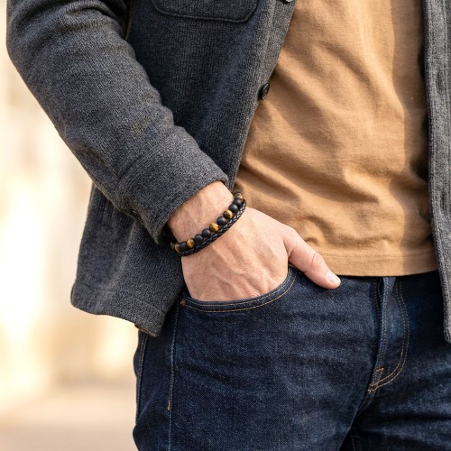 Kaplan Gözü Ve Oniks Doğaltaş Deri Çelik Bileklik