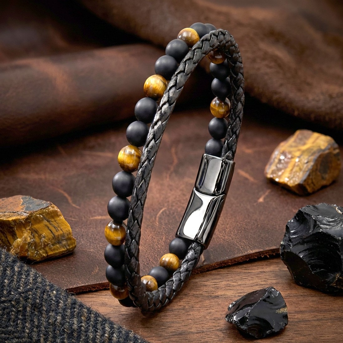 Oniks ve Kaplan Gözü Doğal Taş Erkek Bileklik