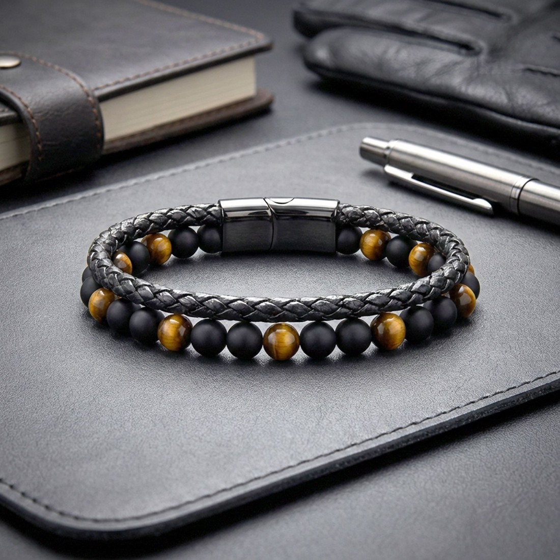 Oniks ve Kaplan Gözü Doğal Taş Erkek Bileklik