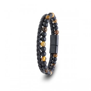 Tiger Eye and Onyx Natural Stone Leather Steel Bracelet