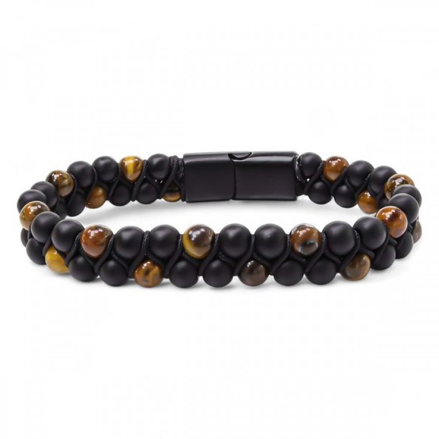 Kaplan Gözü Ve Oniks Doğaltaş Ve Çelik Halatlı Erkek Bileklik