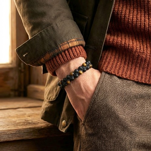 Kaplan Gözü Ve Oniks Doğaltaş ve Çelik Halatlı Erkek Bileklik