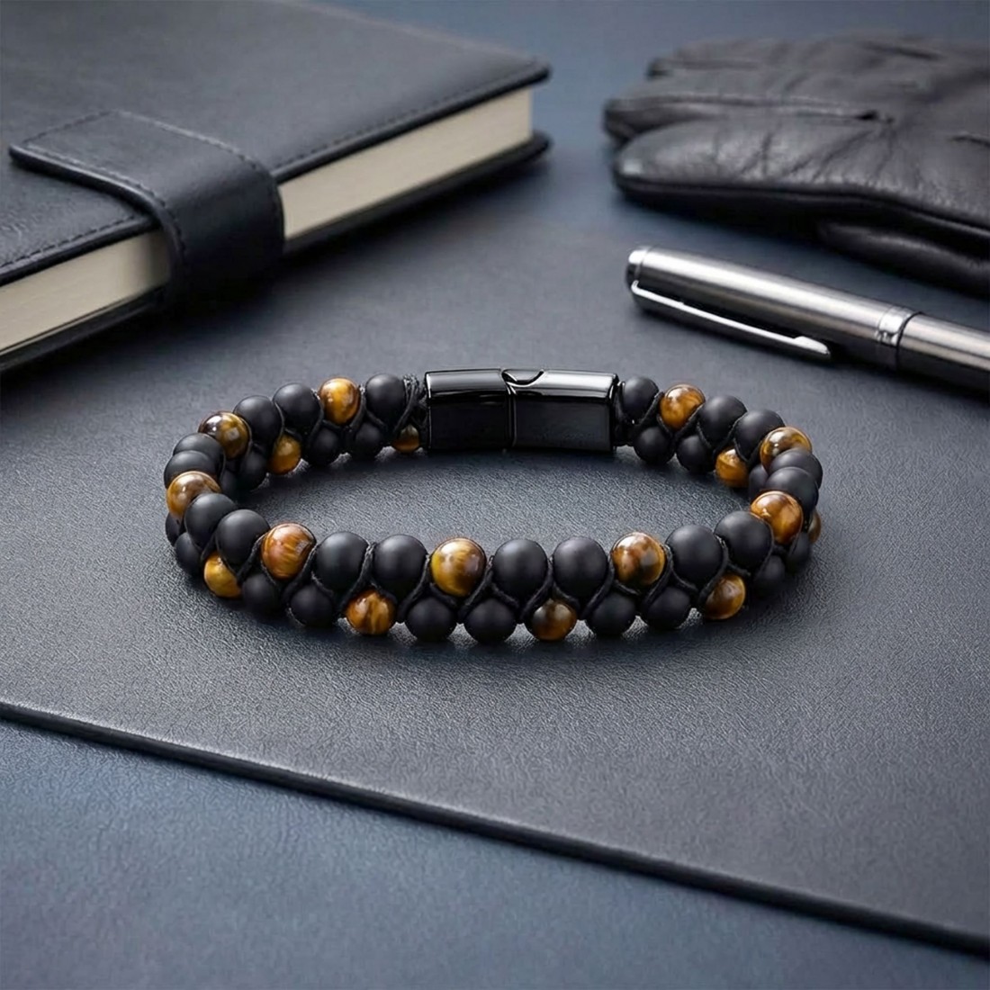 Kaplan Gözü Ve Oniks Doğaltaş Ve Çelik Halatlı Erkek Bileklik