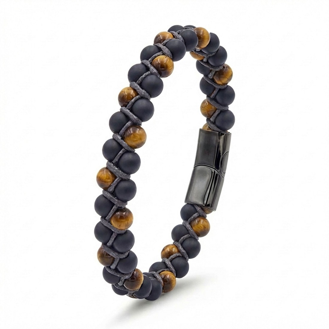 Kaplan Gözü Ve Oniks Doğaltaş Ve Çelik Halatlı Erkek Bileklik