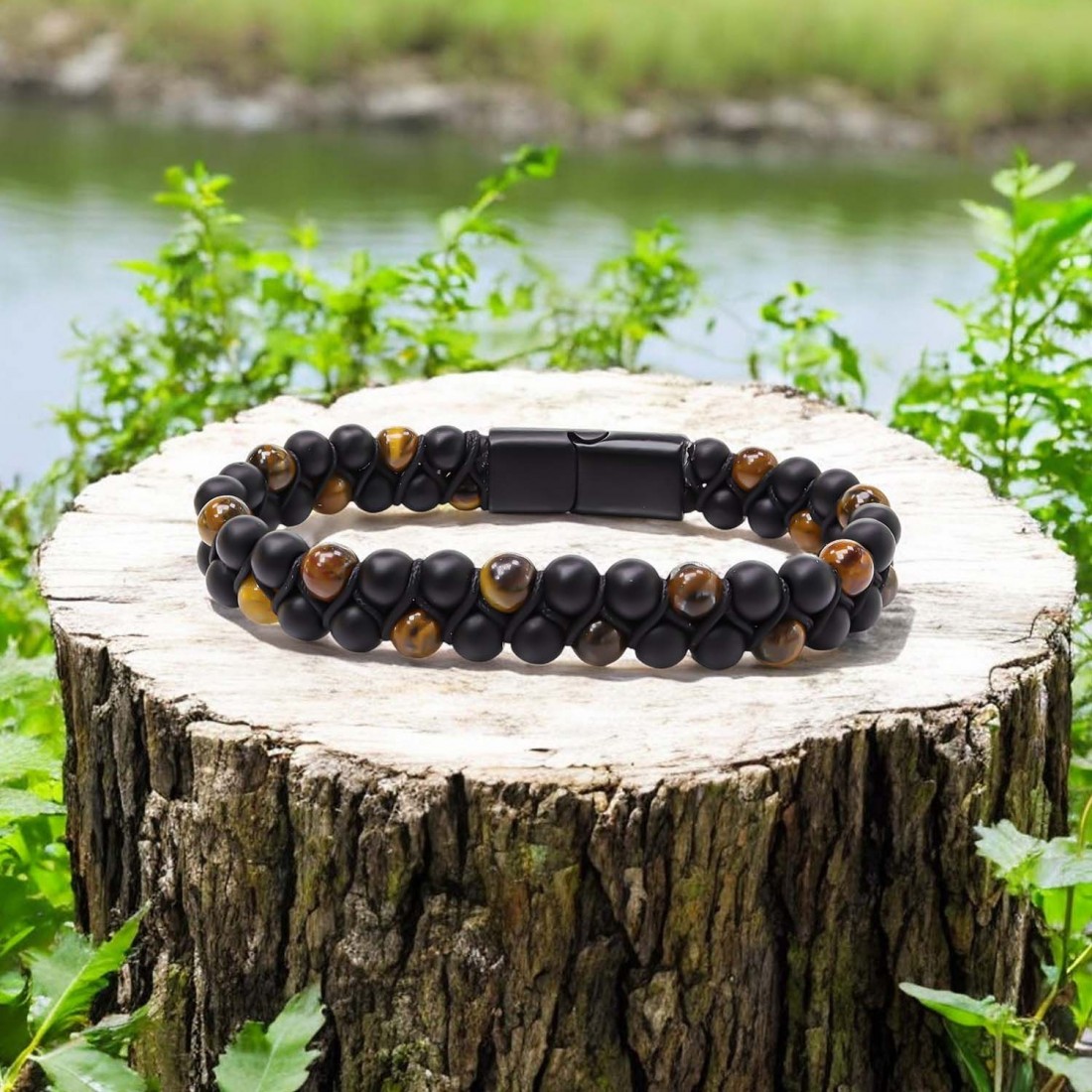 Kaplan Gözü Ve Oniks Doğaltaş Ve Çelik Halatlı Erkek Bileklik