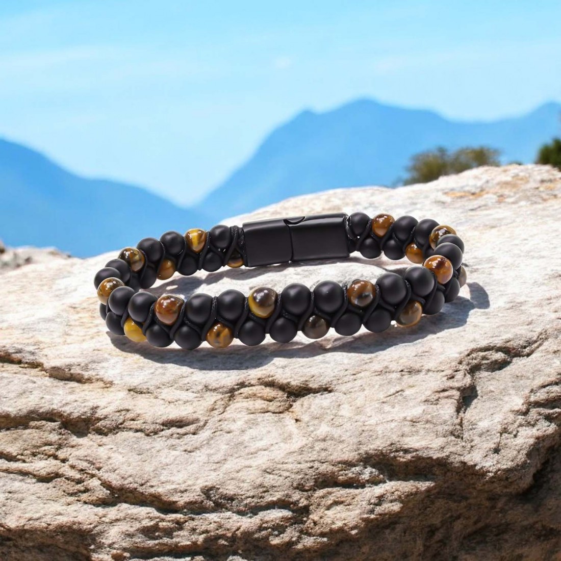 Kaplan Gözü Ve Oniks Doğaltaş Ve Çelik Halatlı Erkek Bileklik