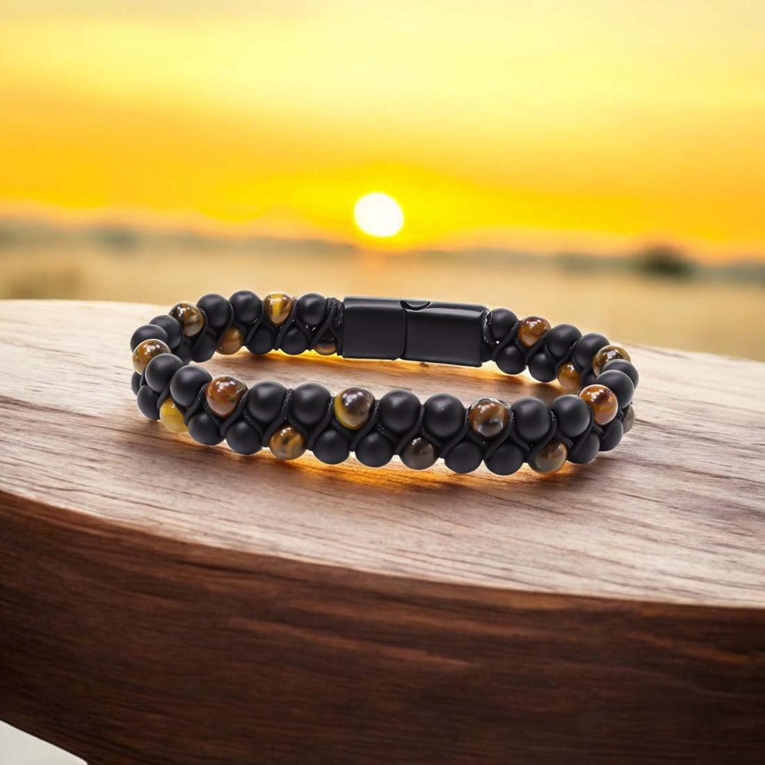 Kaplan Gözü Ve Oniks Doğaltaş Ve Çelik Halatlı Erkek Bileklik