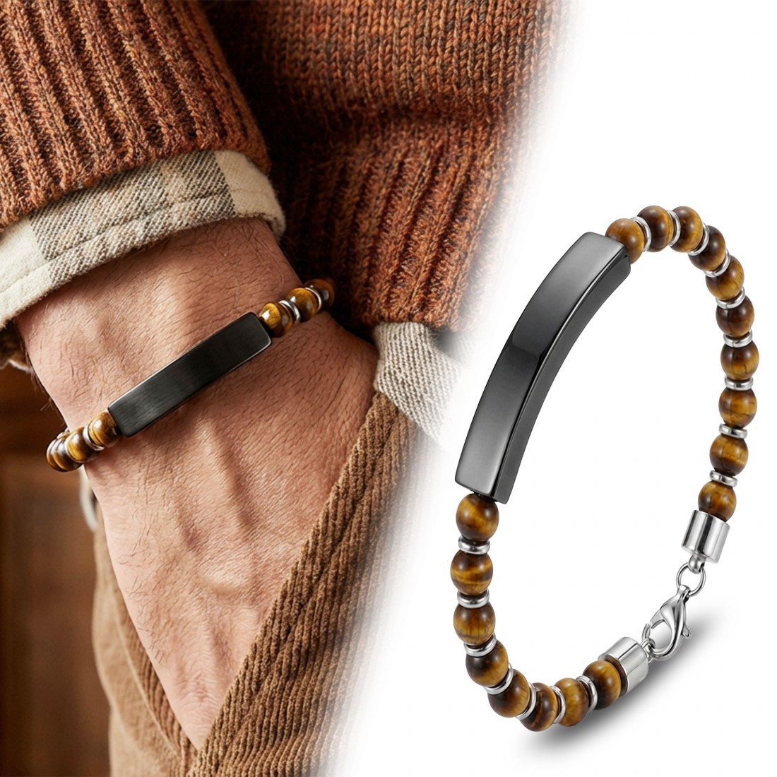 Kaplangözü Doğal Taşlı Siyah İsim Yazılabilir Ve Ayarlanabilir Çelik Zincir Bileklik