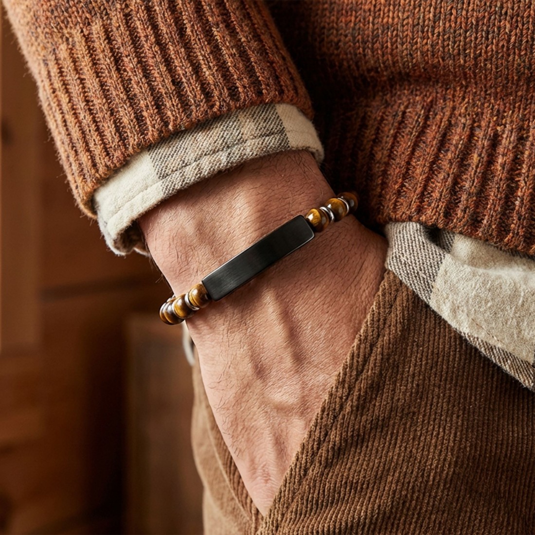 Kaplangözü Doğal Taşlı Siyah İsim Yazılabilir Ve Ayarlanabilir Çelik Zincir Bileklik