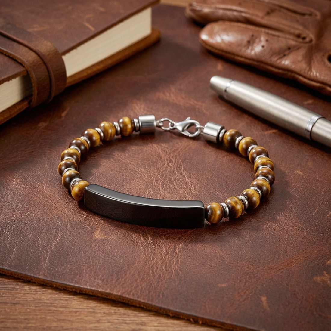 Kaplangözü Doğal Taşlı Siyah İsim Yazılabilir Ve Ayarlanabilir Çelik Zincir Bileklik