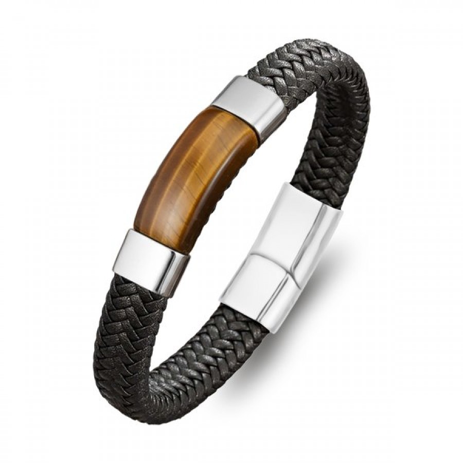 siyah deri kaplan gözü taşlı çelik erkek bileklik