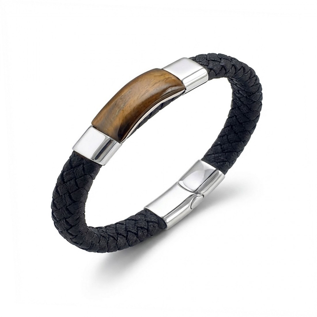 siyah deri kaplan gözü taşlı çelik erkek bileklik