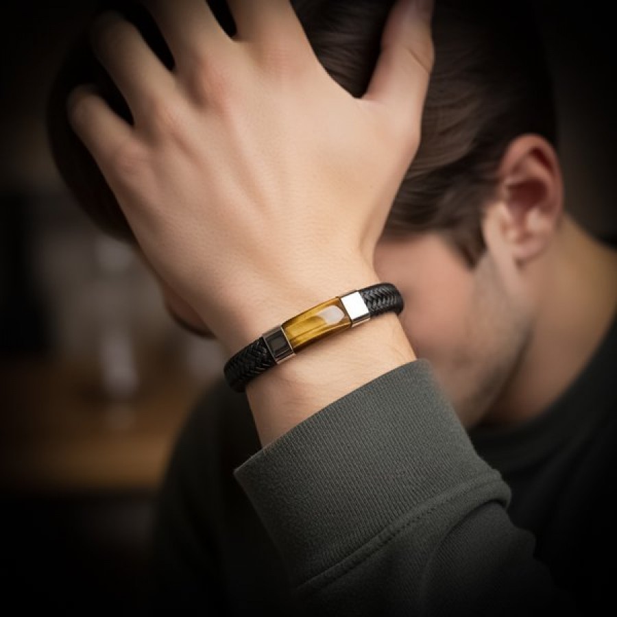 siyah deri kaplan gözü taşlı çelik erkek bileklik