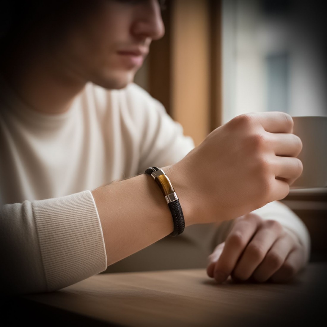 siyah deri kaplan gözü taşlı çelik erkek bileklik