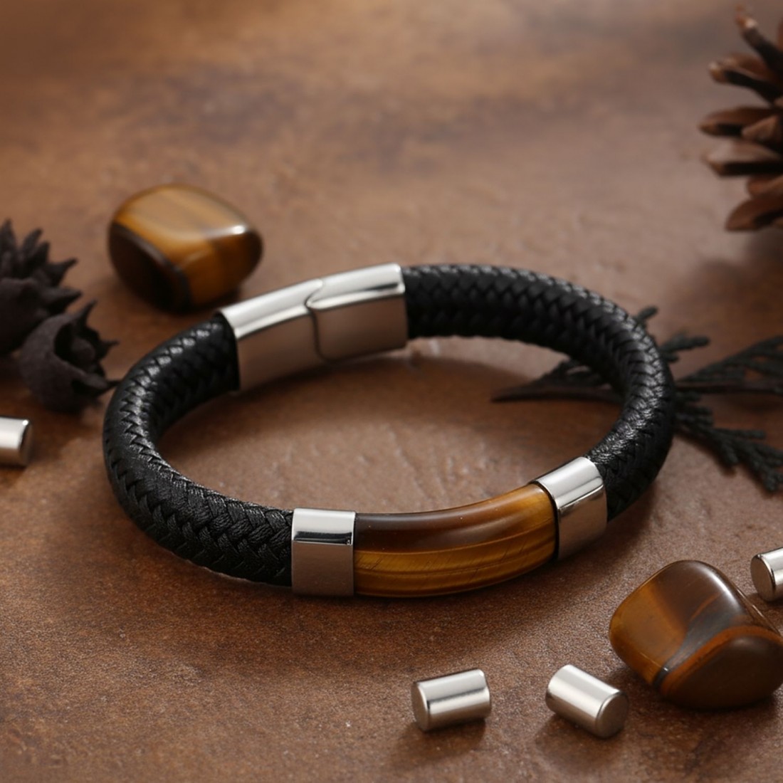 siyah deri kaplan gözü taşlı çelik erkek bileklik