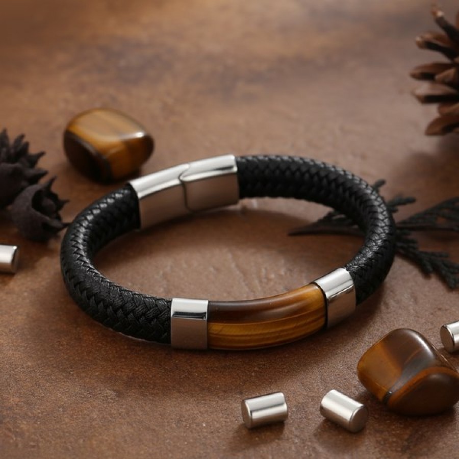 siyah deri kaplan gözü taşlı çelik erkek bileklik