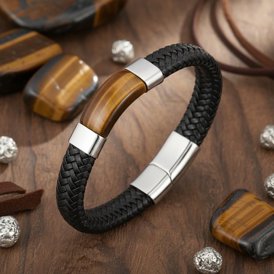 siyah deri kaplan gözü taşlı çelik erkek bileklik