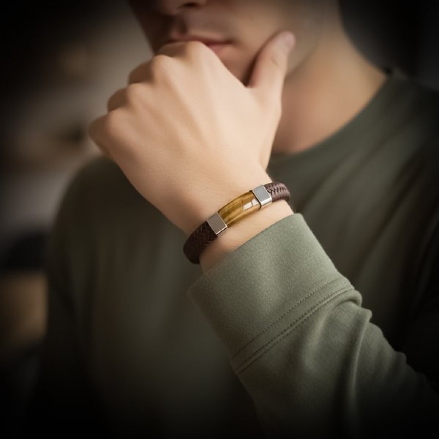 kahverengi deri kaplan gözü taşlı çelik erkek bileklik