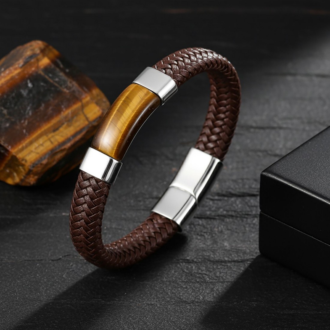 kahverengi deri kaplan gözü taşlı çelik erkek bileklik