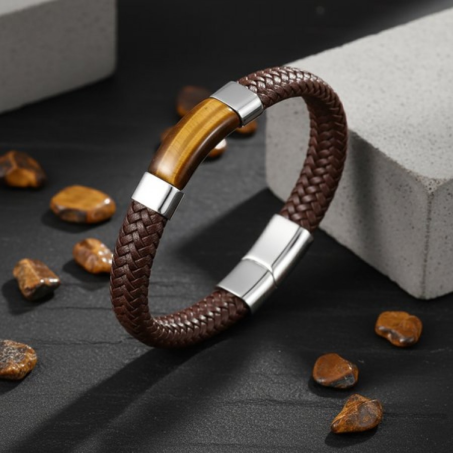 kahverengi deri kaplan gözü taşlı çelik erkek bileklik