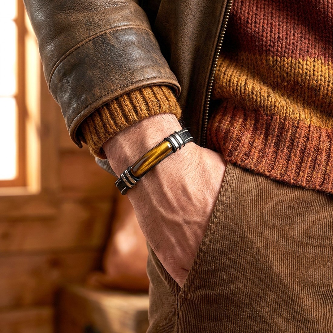 Kaplangözü Taş & Deri Kordonlu Titanyum Çelik Erkek Bileklik