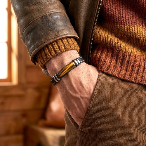 Kaplangözü Taş & Deri Kordonlu Titanyum Çelik Erkek Bileklik