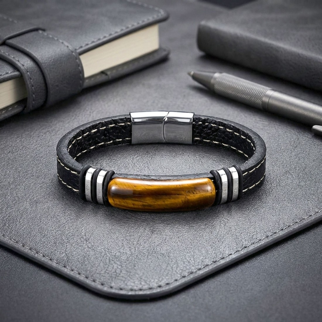 Kaplangözü Taş & Deri Kordonlu Titanyum Çelik Erkek Bileklik