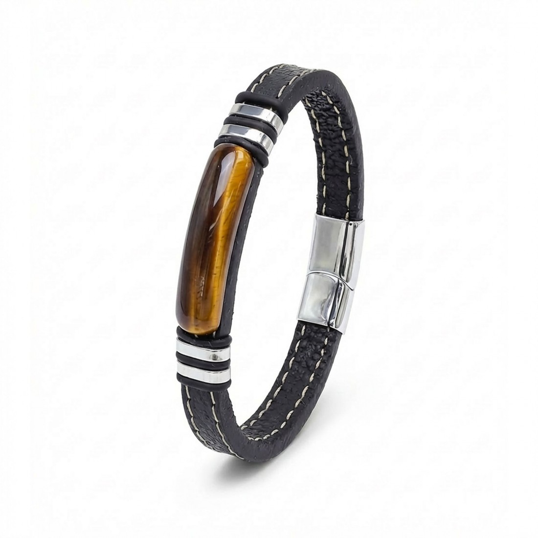 Kaplangözü Taş & Deri Kordonlu Titanyum Çelik Erkek Bileklik