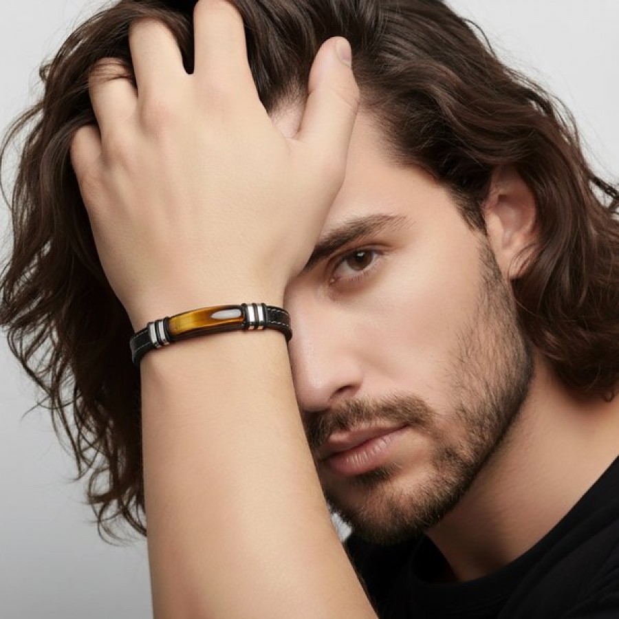 Kaplangözü Taş & Deri Kordonlu Titanyum Çelik Erkek Bileklik