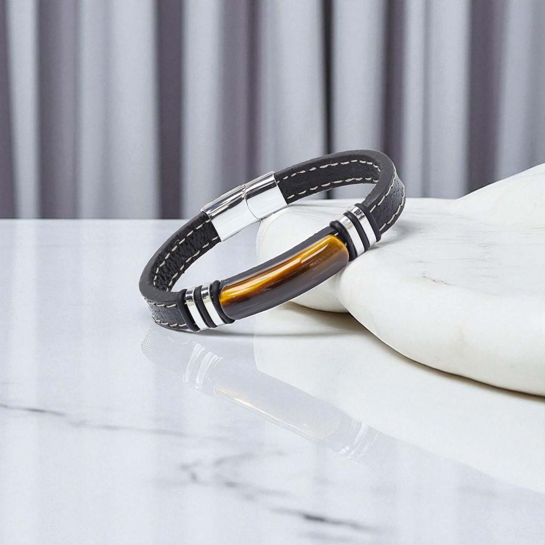 Kaplangözü Taş & Deri Kordonlu Titanyum Çelik Erkek Bileklik