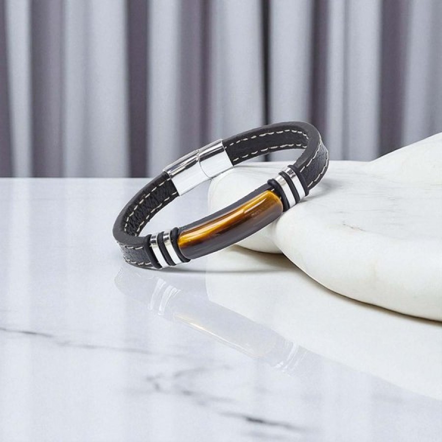 Kaplangözü Taş & Deri Kordonlu Titanyum Çelik Erkek Bileklik