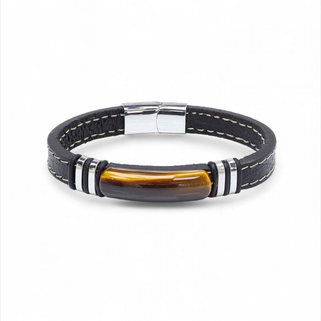 Kaplangözü Taş & Deri Kordonlu Titanyum Çelik Erkek Bileklik