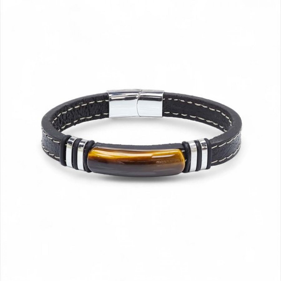 Kaplangözü Taş & Deri Kordonlu Titanyum Çelik Erkek Bileklik