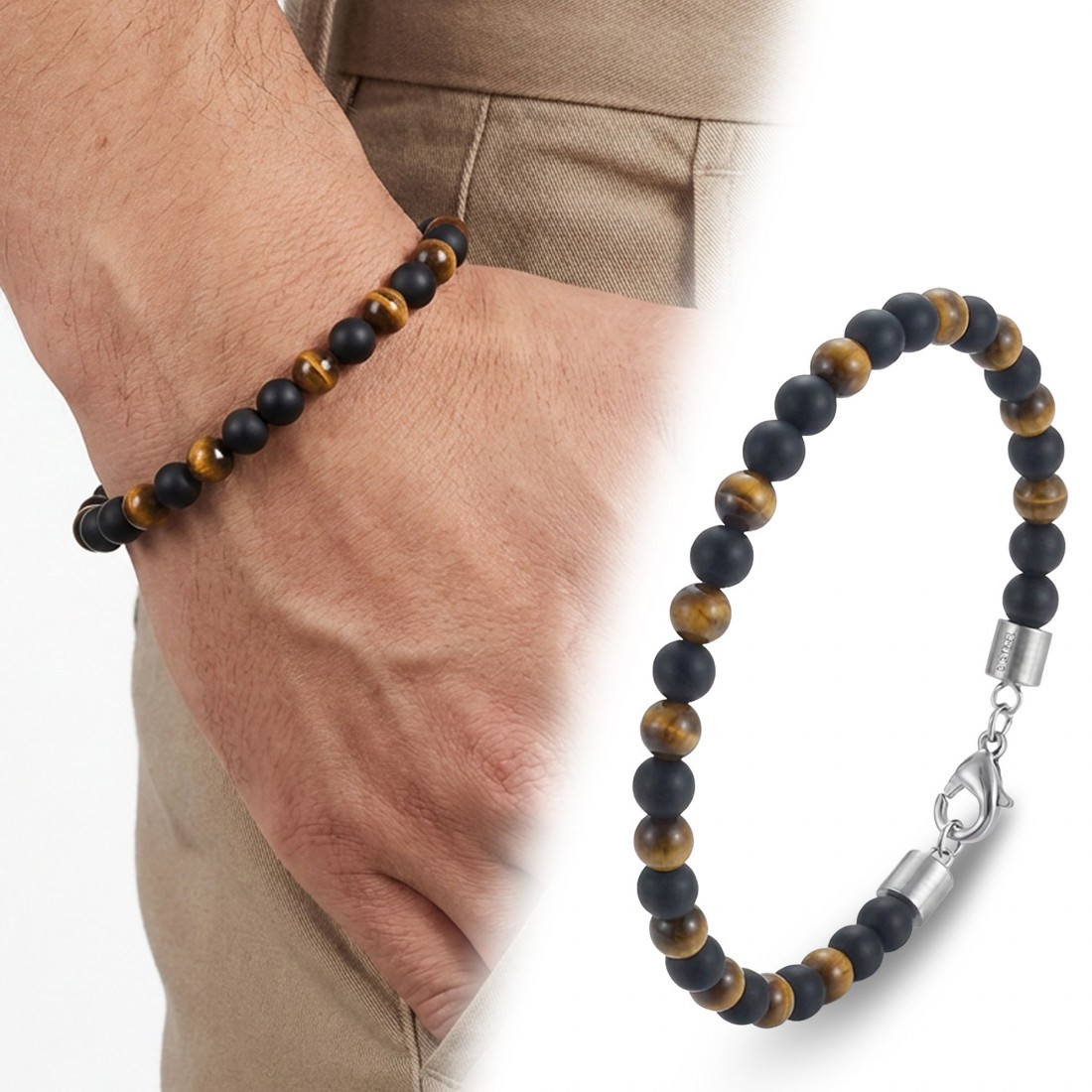 Kaplangözü Ve Oniks Doğal Taşlı Ayarlanabilir Çelik Zincir Bileklik