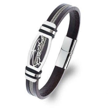 Atatürk Signature Steel Plate, Steel-Cable & Leather Men’s Bracelet (Chrome Clasp)