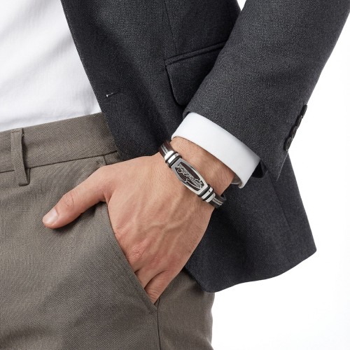 سوار رجالي جلد طبيعي بلوح فولاذ محفور بتوقيع اتاتورك وكابلين فولاذيين — قفل كروم (بالجملة)