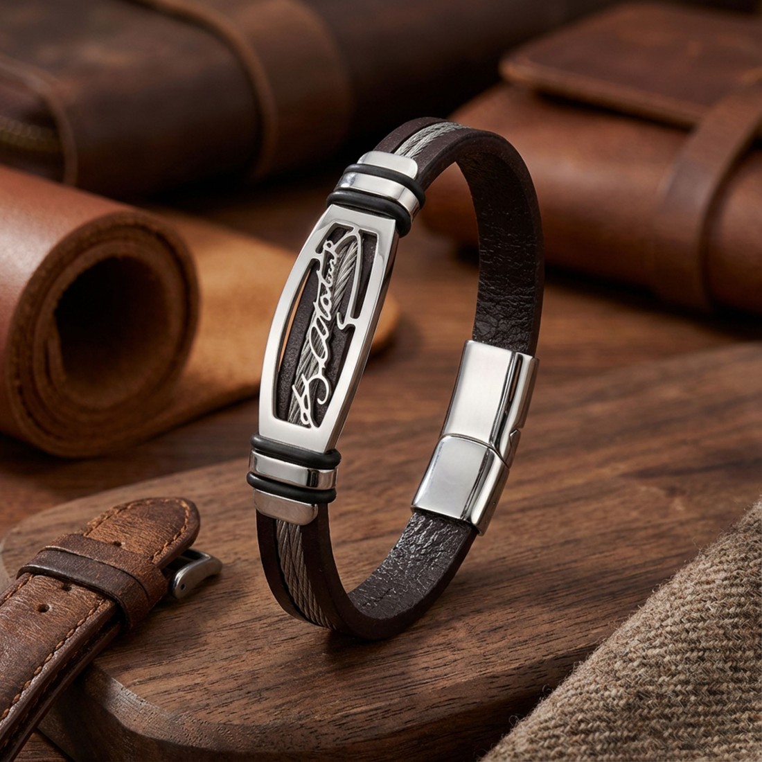 Atatürk imzalı çelik plakalı, çelik halatlı deri toptan erkek bileklik