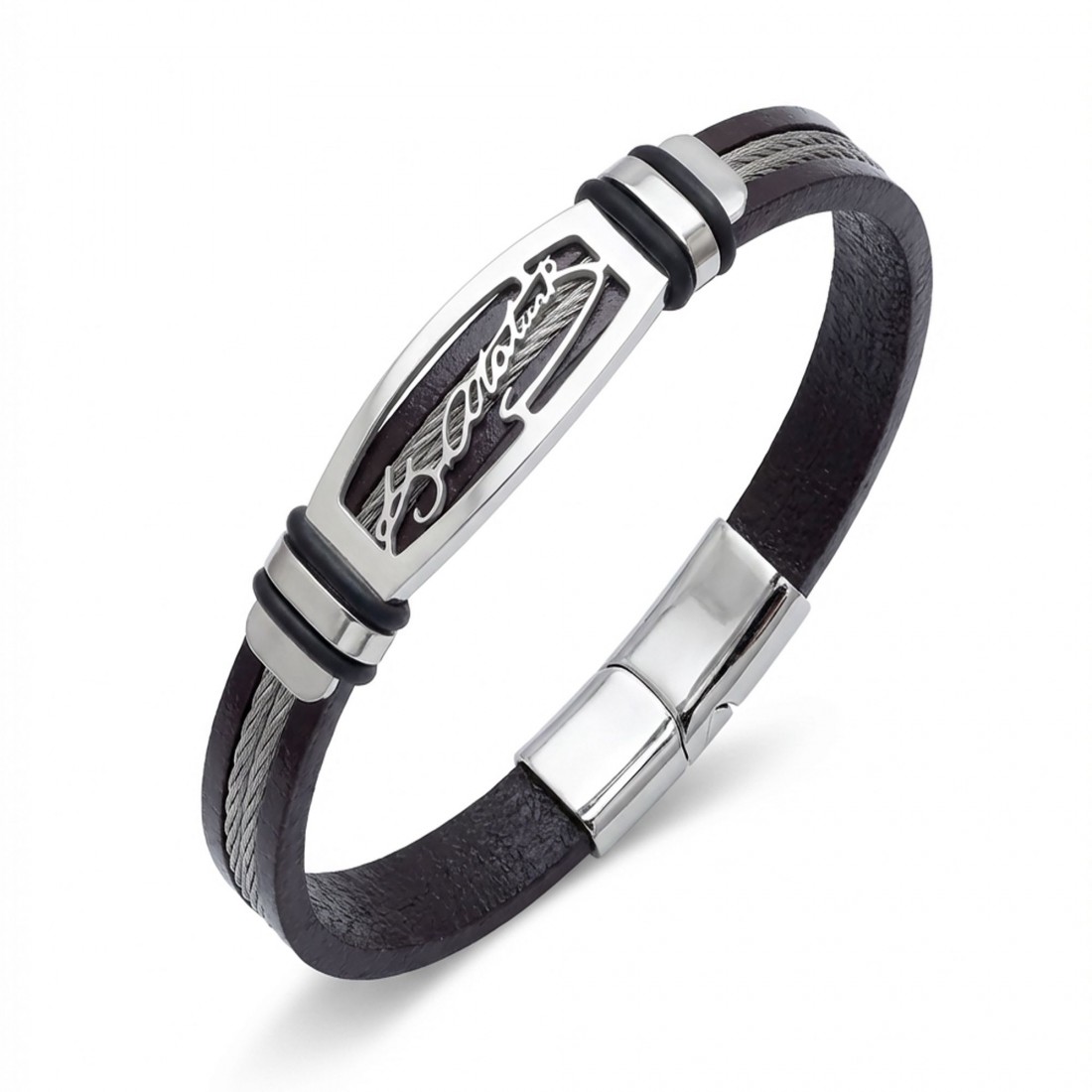 Atatürk imzalı çelik plakalı, çelik halatlı deri toptan erkek bileklik