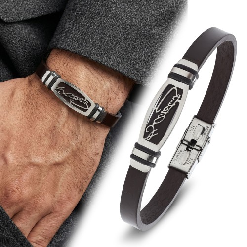 Kemal Atatürk İmzalı Ayarlanabilir Kordonlu Erkek Deri Ve Çelik Bileklik