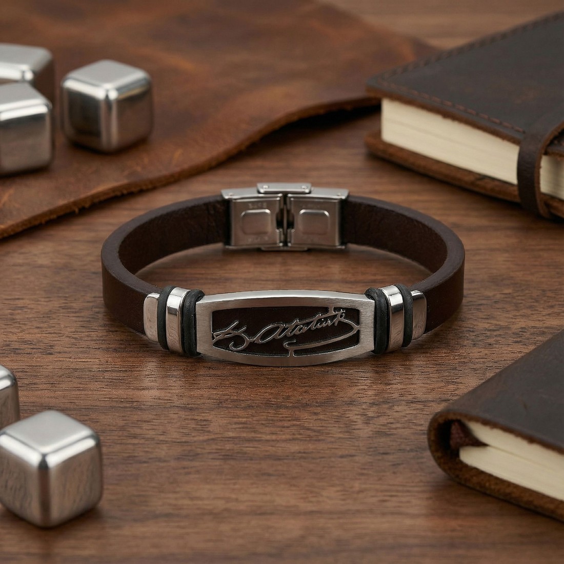 Kemal Atatürk İmzalı Ayarlanabilir Kordonlu Erkek Deri Ve Çelik Bileklik