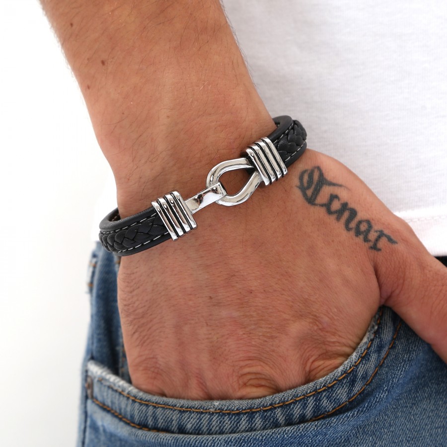 Kilit Motifli Çelik Ve Deri Billeklik