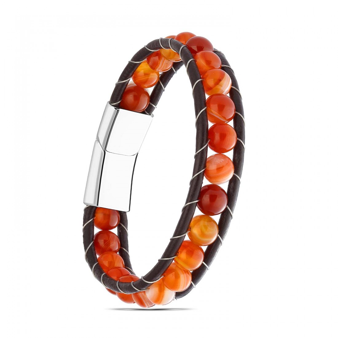 Kırmızı Akik Doğaltaş Deri Bileklik