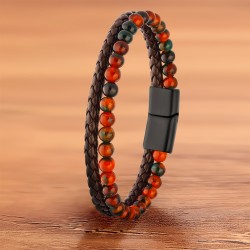 Kırmızı Akik Doğaltaş Deri Erkek Bileklik