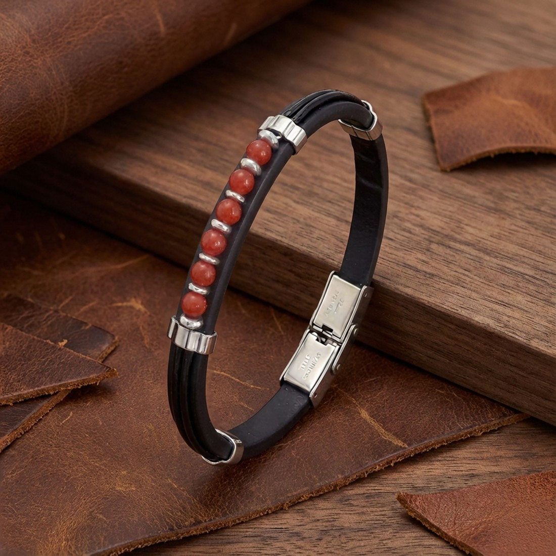 Kırmızı Akik Taşlı Deri Bileklik