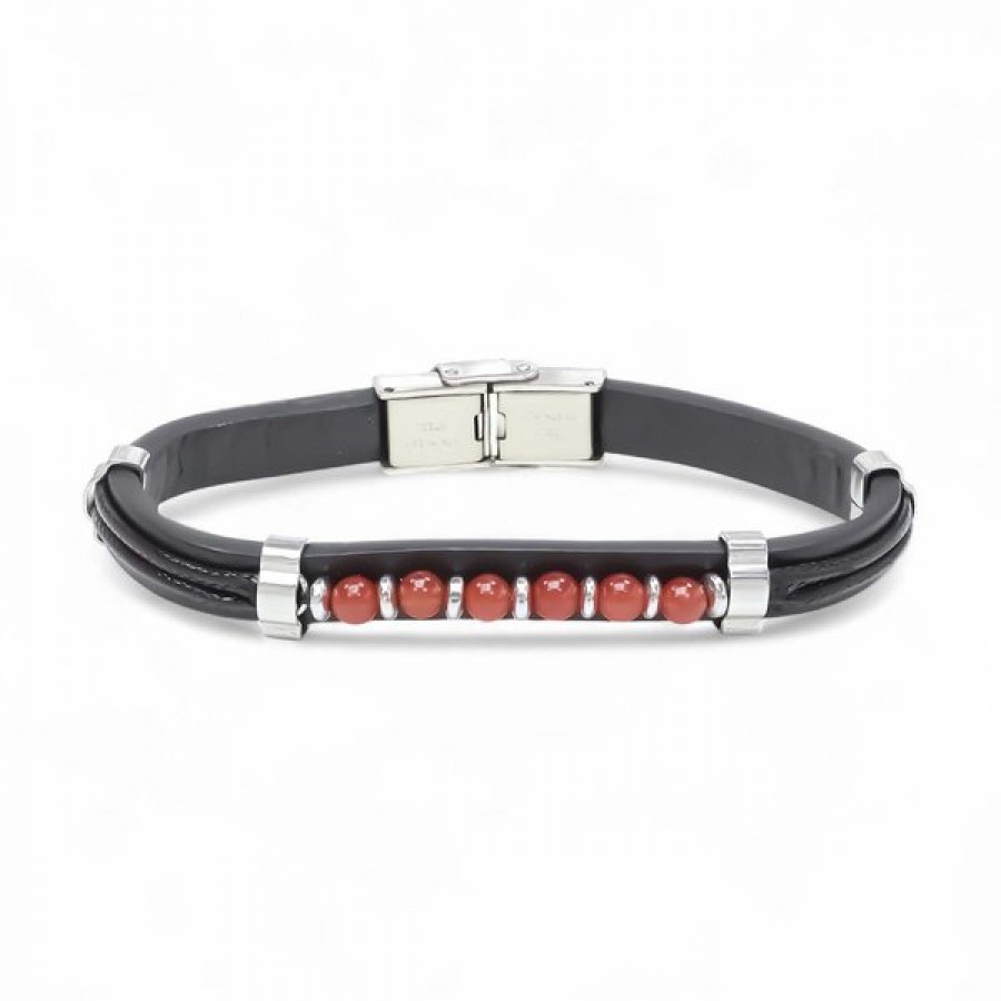 Kırmızı Akik Taşlı Deri Bileklik