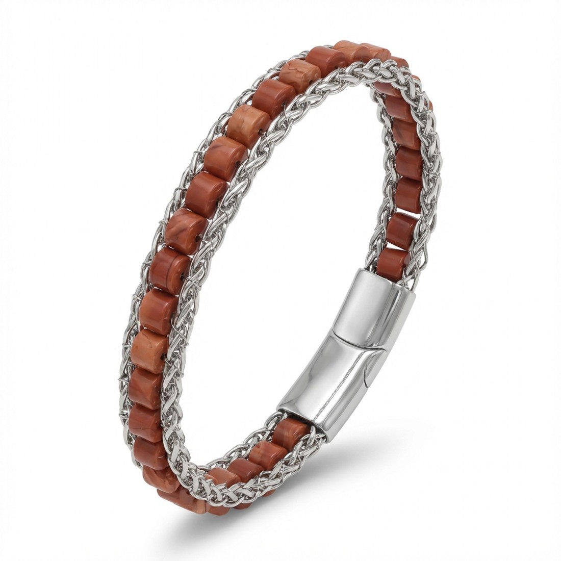 Kırmızı Jasper Doğal Taşlı Hasır Örgü Zincirli Erkek Çelik Bileklik