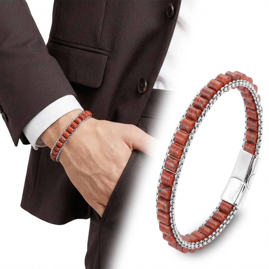 Kırmızı Jasper Doğal Taşlı Hasır Örgü Zincirli Erkek Çelik Bileklik