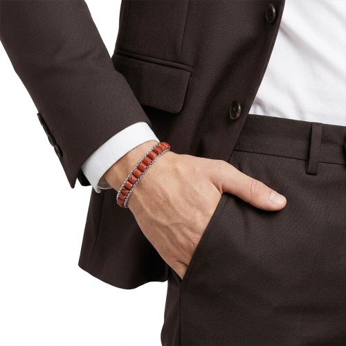 Kırmızı Jasper Doğal Taşlı Hasır Örgü Zincirli Erkek Çelik Bileklik