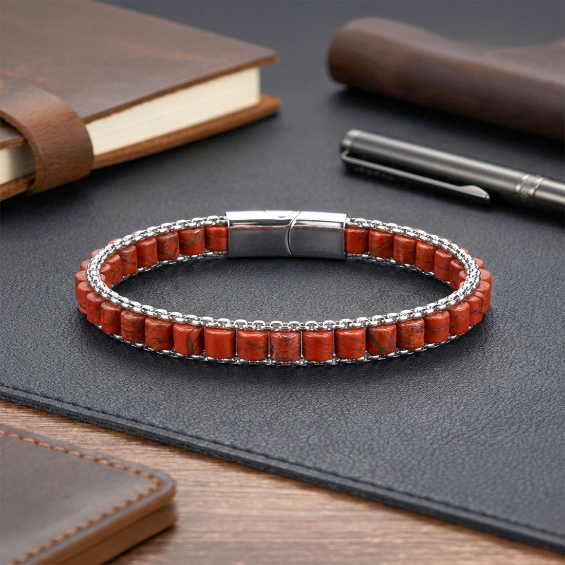 Kırmızı Jasper Doğal Taşlı Hasır Örgü Zincirli Erkek Çelik Bileklik