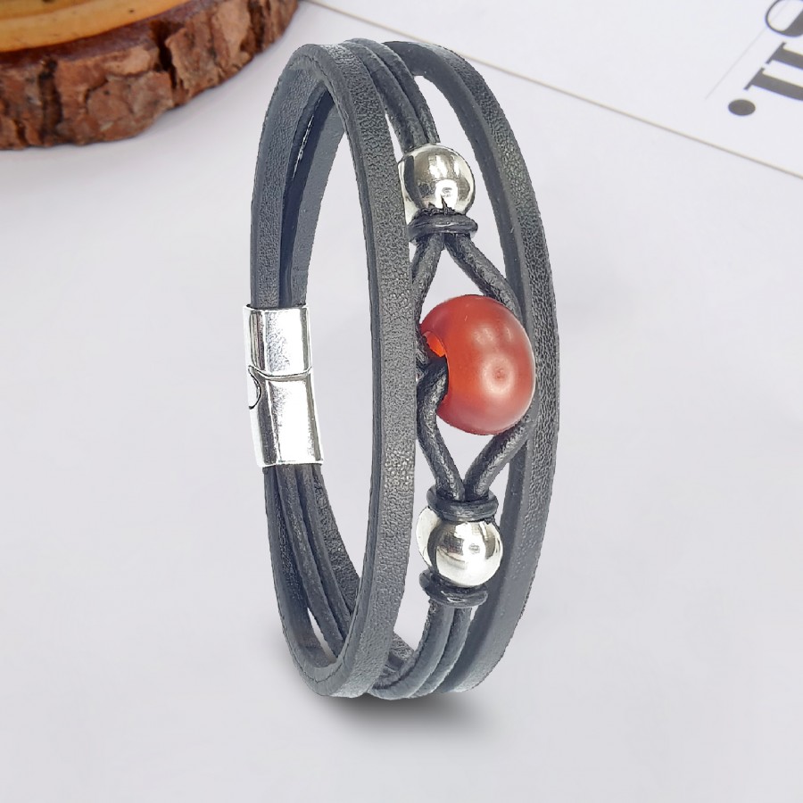 Kırmızı Jasper Doğaltaş Ve Çoklu Deri Bileklik